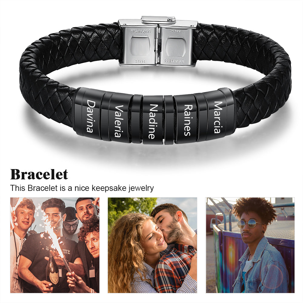 Personalized Name Beads Men Bracelet - Leather Bracelet For Father's Day Gift For Dad