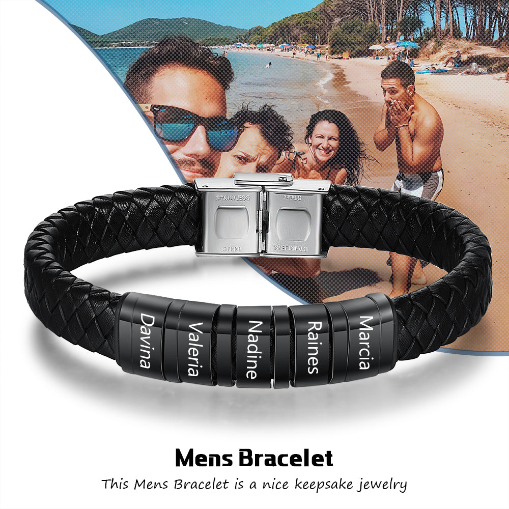 Personalized Name Beads Men Bracelet - Leather Bracelet For Father's Day Gift For Dad