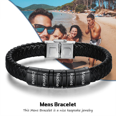 Personalized Name Beads Men Bracelet - Leather Bracelet For Father's Day Gift For Dad