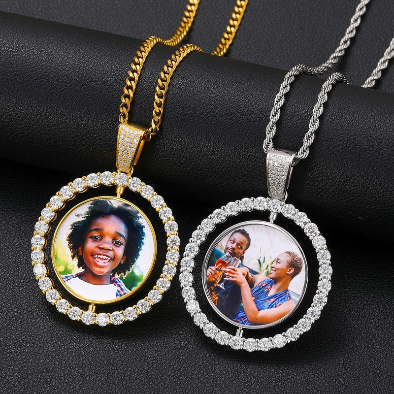 Custom Photo Rotating Double-Sided Medallions Pendant Necklace- Moissanite Pendant Necklace