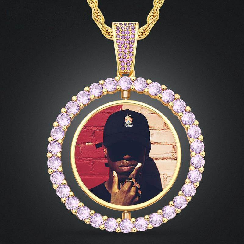 Personalized 14K Gold Plated Double Sided Photo Rotating Medallion Hip Hop Necklace