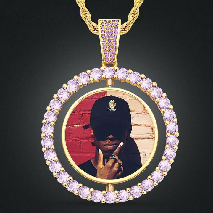 Personalized 14K Gold Plated Double Sided Photo Rotating Medallion Hip Hop Necklace
