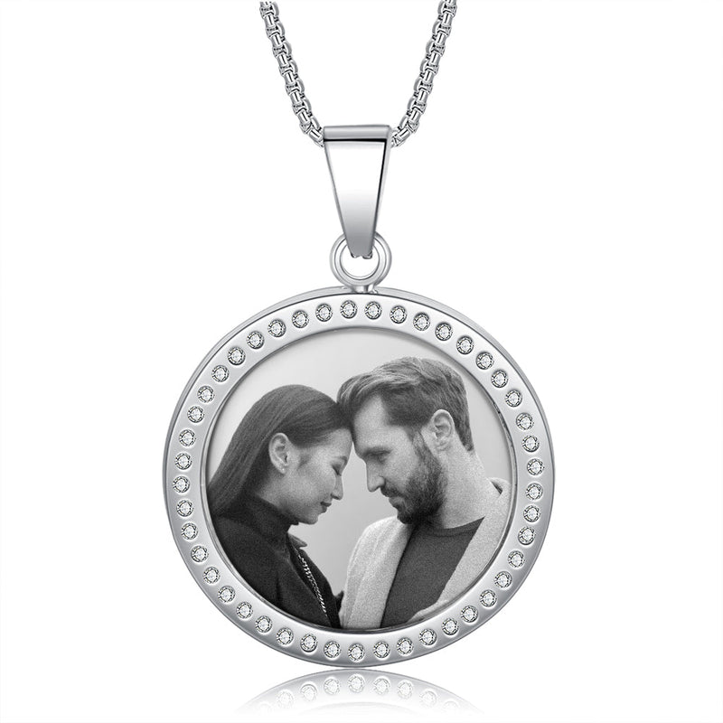 18K Gold Plated Custom Round Photo Necklace With CZ Stone