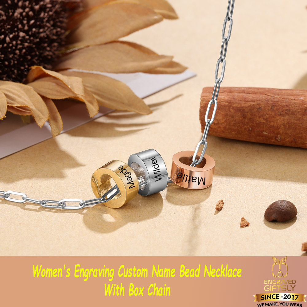 Women's Engraving Custom Name Bead Necklace With Box Chain