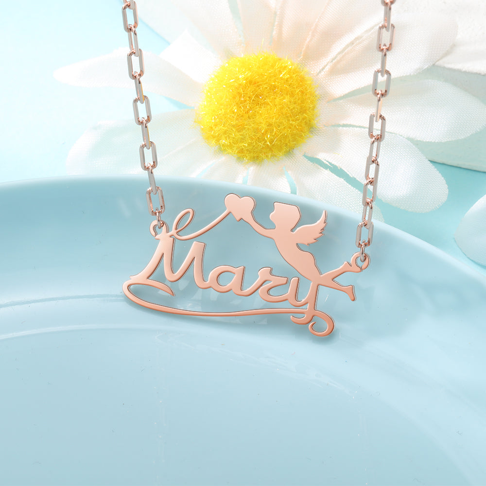 S925 Silver Custom Name Angel Necklace With Heart