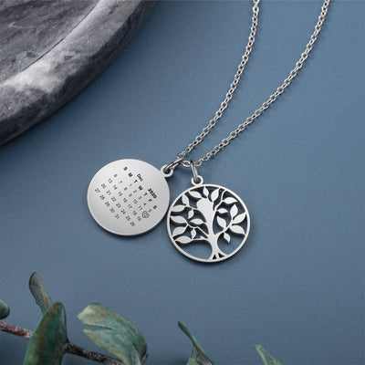 Custom Round Calendar Pendant with Tree and Backside Engraving Name