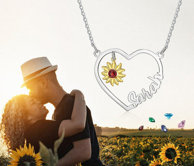 Custom Heart Name Necklace With Yellow Gold Plated Sunflower