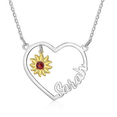 Custom Heart Name Necklace With Yellow Gold Plated Sunflower