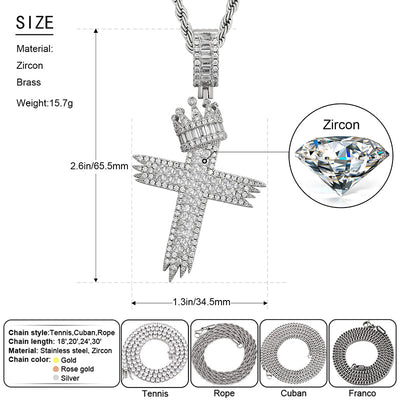 Crown Cross Necklace-Crystal Jesus Cross Pendant For Men Women-Hip Hop Jewelry