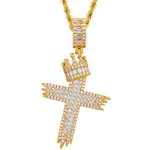 Crown Cross Necklace-Crystal Jesus Cross Pendant For Men Women-Hip Hop Jewelry