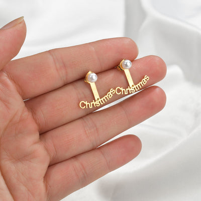 Personalize Name Stud Earrings- Trendy Custom Nameplate Earring With Pearl