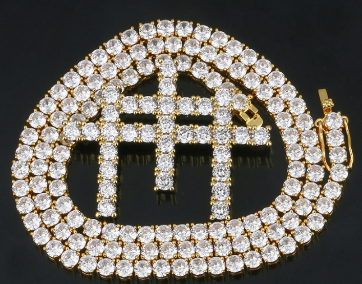 18K Gold Plated Bling Iced Out 3 Cross Pendant Necklace