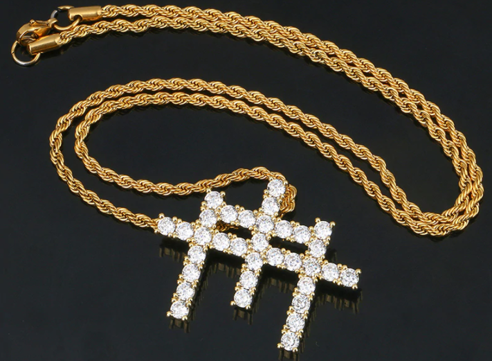 18K Gold Plated Bling Iced Out 3 Cross Pendant Necklace