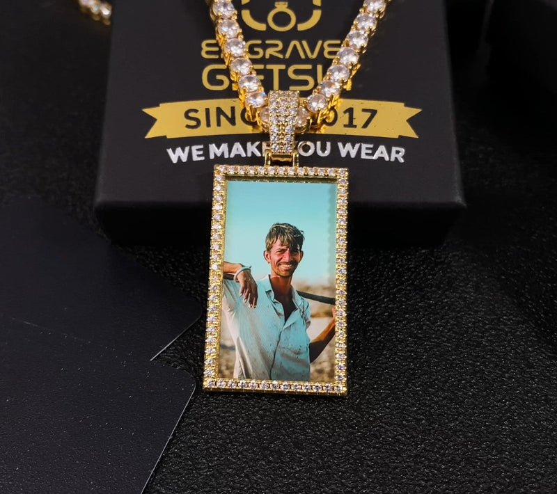 14K Gold Plated Custom Made Square Photo Medallion Necklace For Men