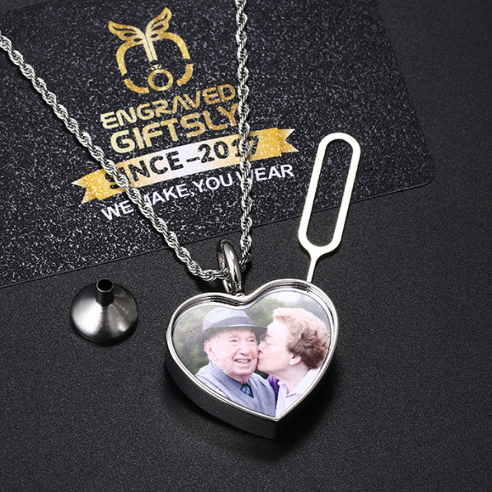 Personalized Photo Cremation Urn Necklace for Ashes With Filling Tool- 18k Gold Custom Heart Pendant Memorial Keepsake