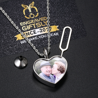 Personalized Photo Cremation Urn Necklace for Ashes With Filling Tool- 18k Gold Custom Heart Pendant Memorial Keepsake