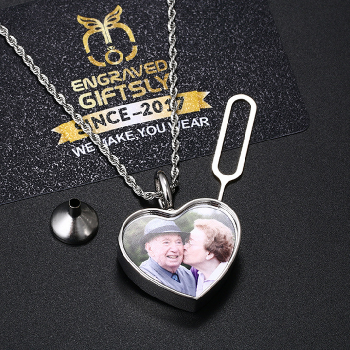 Personalized 14k Photo Cremation Urn Necklace for Ashes With Filling Tool- Custom Engraving Heart Pendant Memorial Keepsake 14k Gold Jewelry