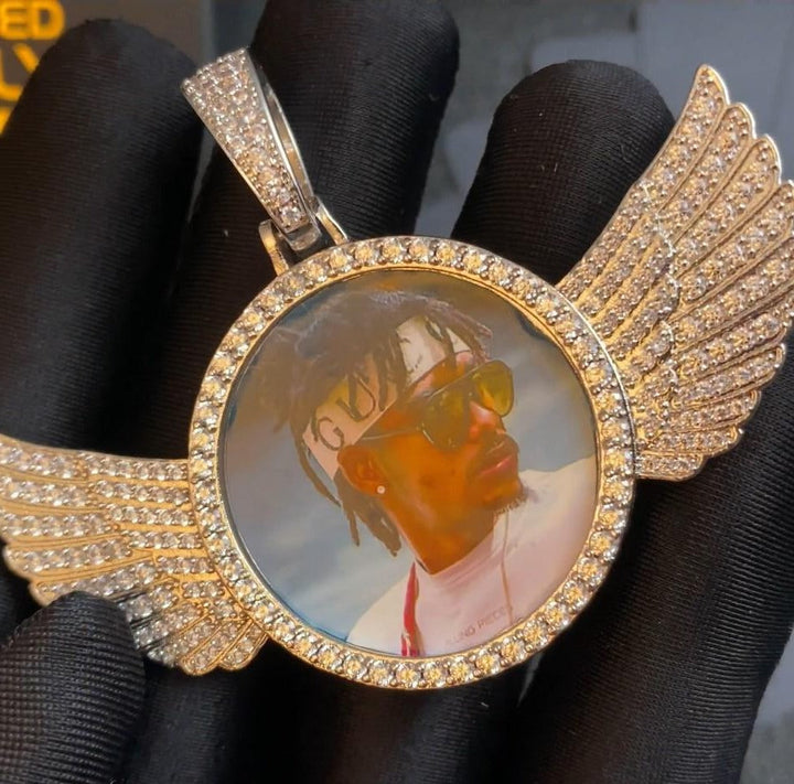 18k Gold Plated Personalized Photo Wings Pendant Medallion Necklace
