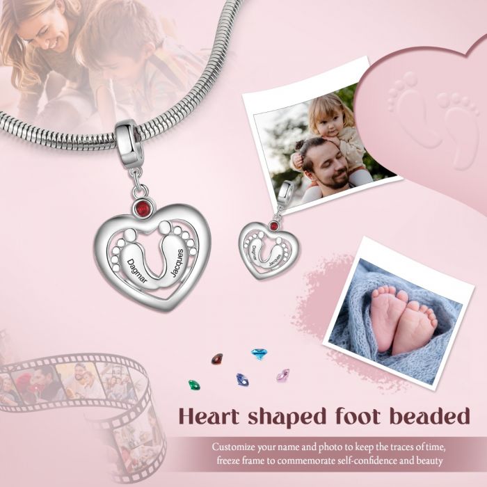 Rhodium Plated Personalized Baby Feet Heart Charm- Best Mothers Day Gift For Mom-To-Be