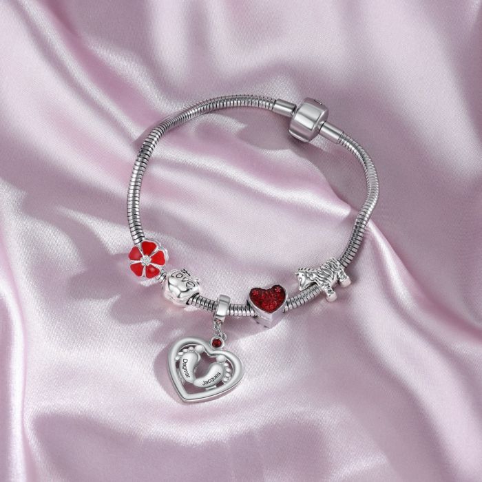 Rhodium Plated Personalized Baby Feet Heart Charm- Best Mothers Day Gift For Mom-To-Be