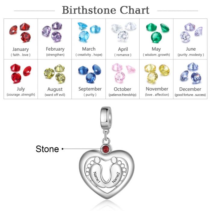 Rhodium Plated Personalized Baby Feet Heart Charm- Best Mothers Day Gift For Mom-To-Be