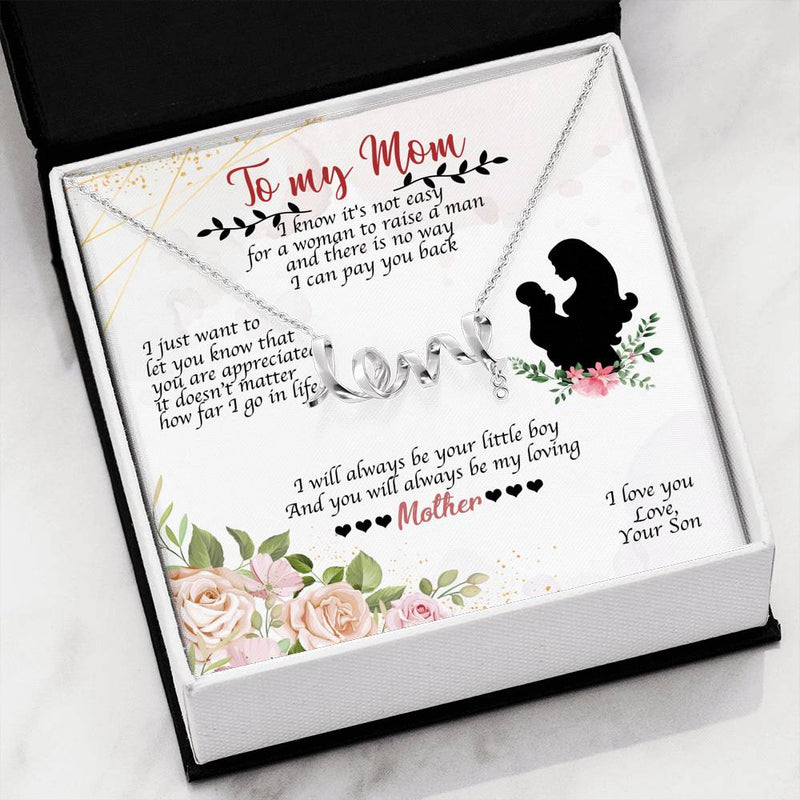 Gifts For Mom Scripted LOVE Necklace With Adorable I Love You Message Card