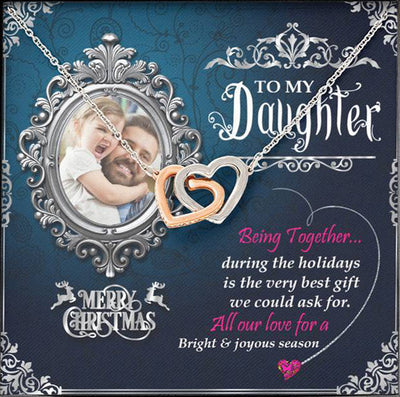 Dad To Daughter Interlocking Heart Necklace With Custom Photo Merry Christmas Wish Gift For Daughter