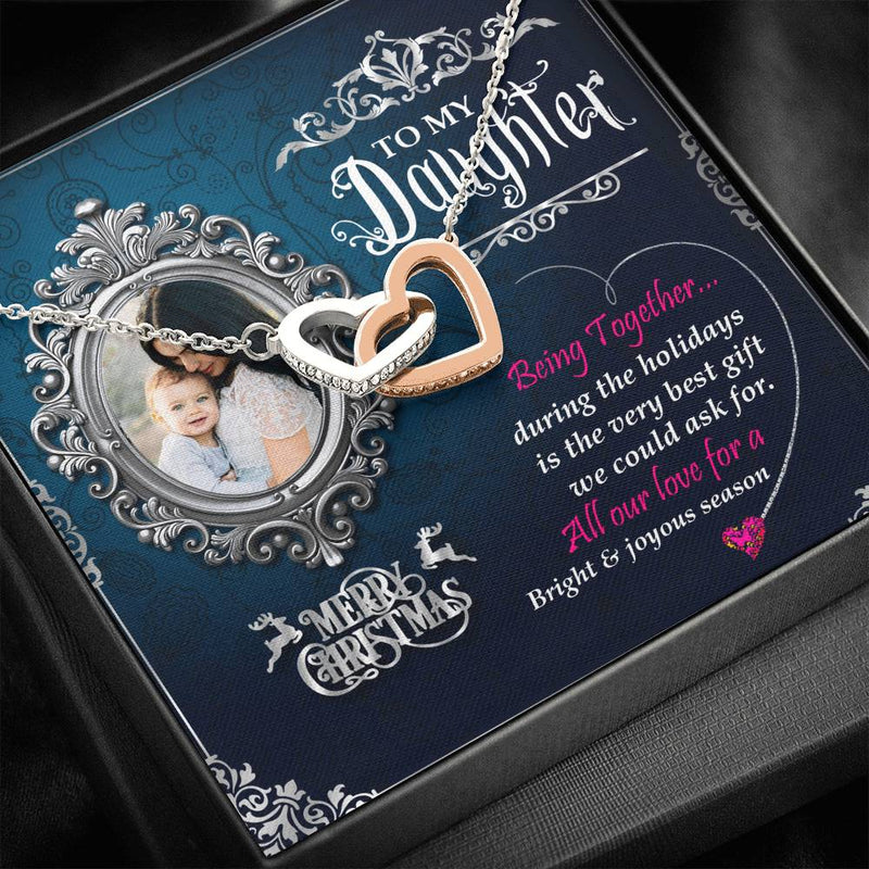 Mom To Daughter Interlocking Heart Necklace With Custom Photo Merry Christmas Wish Gift For Daughter