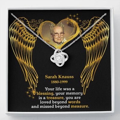In Loving Memory Of Your Mom Remembrance Love Knot Necklace With RIP Memorable Photo And Date Angel Wing