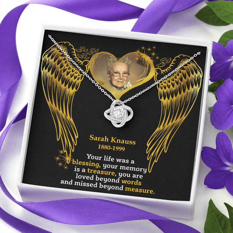 In Loving Memory Of Your Mom Remembrance Love Knot Necklace With RIP Memorable Photo And Date Angel Wing