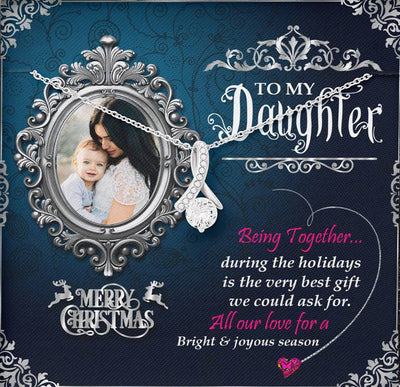 Mom To Daughter 7mm Round Cubic Zirconia Necklace With Custom Photo Marry Christmas Message Card Gift For Daughter