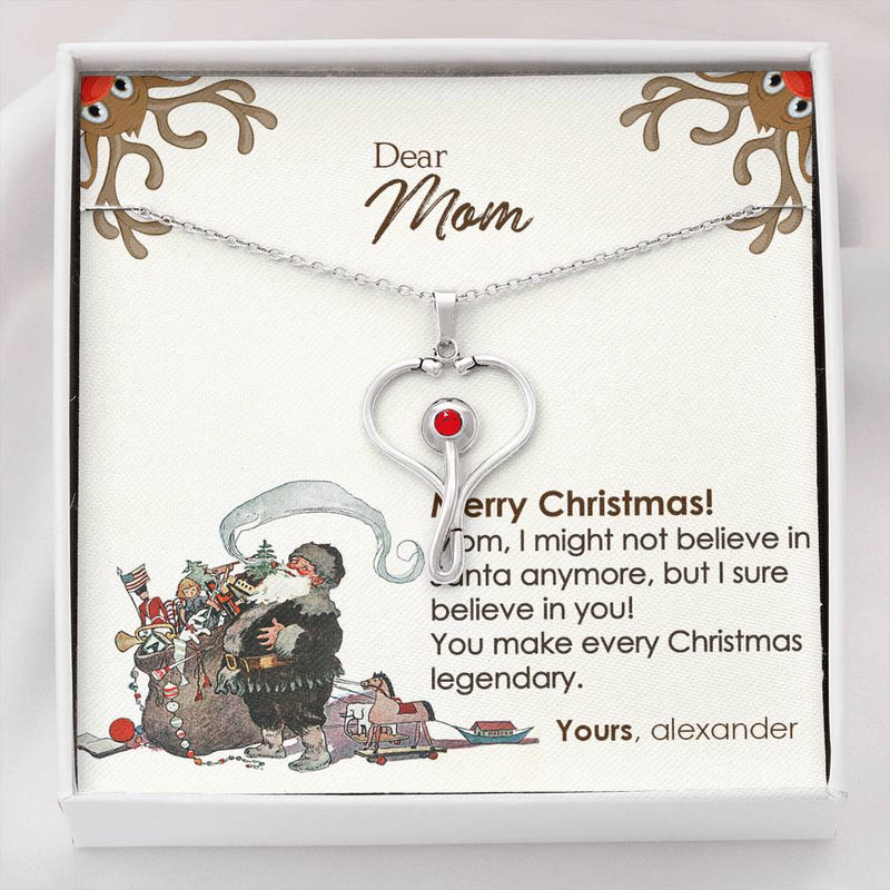 Nurse Stethoscope Necklace With red Swarovski® Crystal Gift For Mom With Marry Christmas Wish Message Card