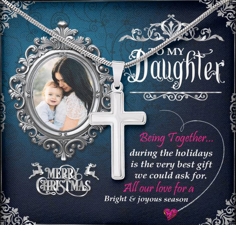 Mom To Daughter 14k White Gold Finish Cross Necklace With Custom Photo Christmas Message Card Gift For Daughter