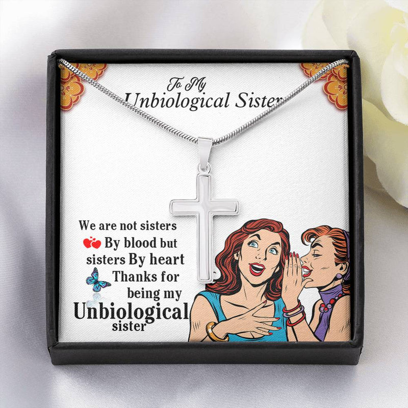 Unbiological Sister Necklace- 14k White Gold Finish Cross Necklace Unbiological Sister Gifts