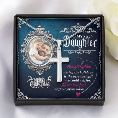 Dad To Daughter 14k White Gold Finish Cross Necklace With Custom Photo Christmas Message Card Gift For Daughter