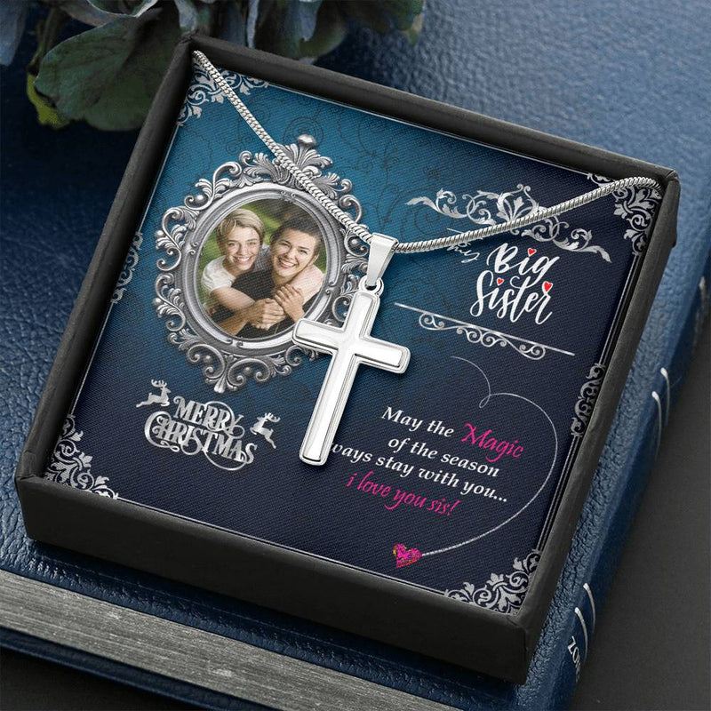 Gift For Big Sister 14k White Gold Cross Necklace With Custom Photo Marry Christmas Message Card