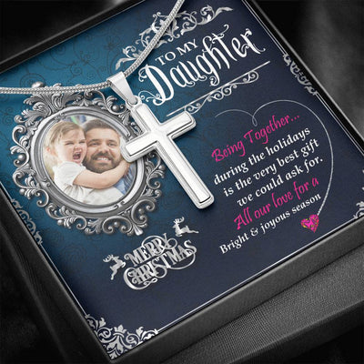 Dad To Daughter 14k White Gold Finish Cross Necklace With Custom Photo Christmas Message Card Gift For Daughter