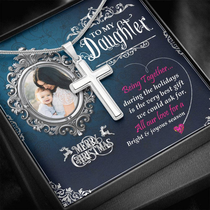 Mom To Daughter 14k White Gold Finish Cross Necklace With Custom Photo Christmas Message Card Gift For Daughter