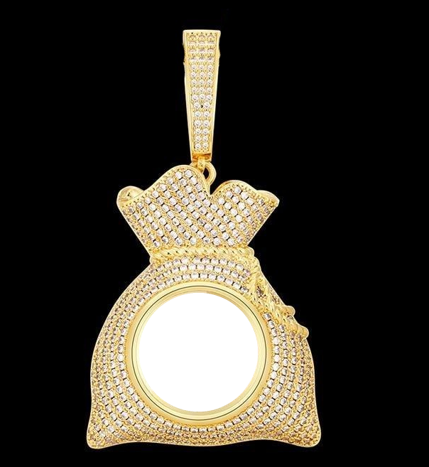Custom 14k Gold Money Bag Pendant Photo Medallion Necklace