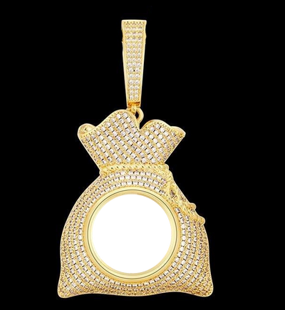 Custom 14k Gold Money Bag Pendant Photo Medallion Necklace