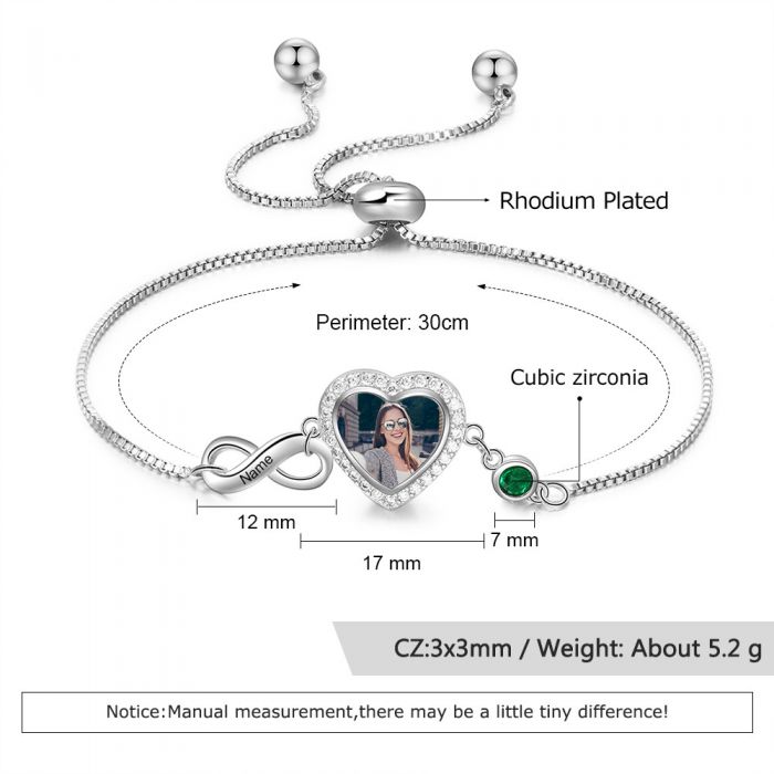 Personalized Heart Photo Infinity Bracelet With Birthstone 