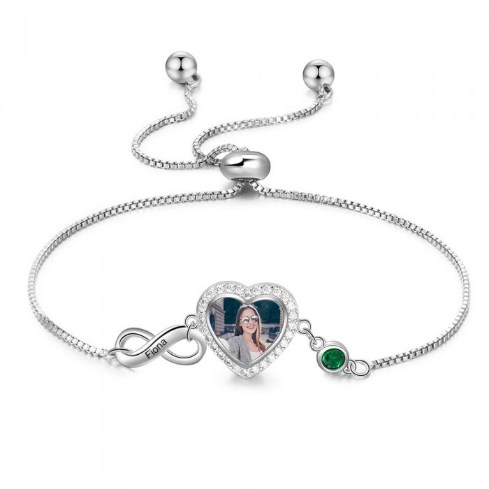 Personalized Heart Photo Infinity Bracelet With Birthstone