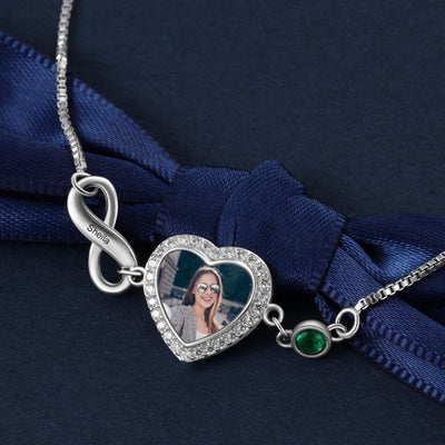 Personalized Heart Photo Infinity Bracelet With Birthstone