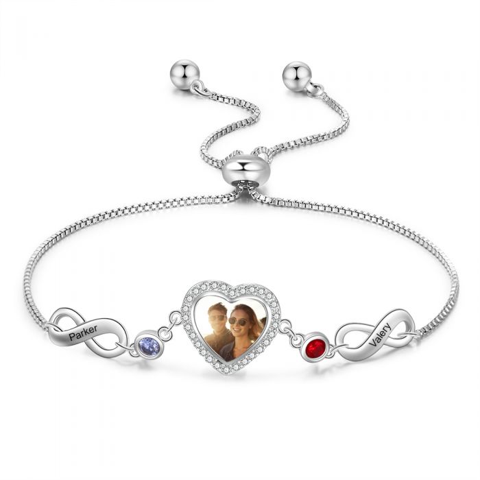 Personalized Heart Photo Infinity Bracelet With Birthstone