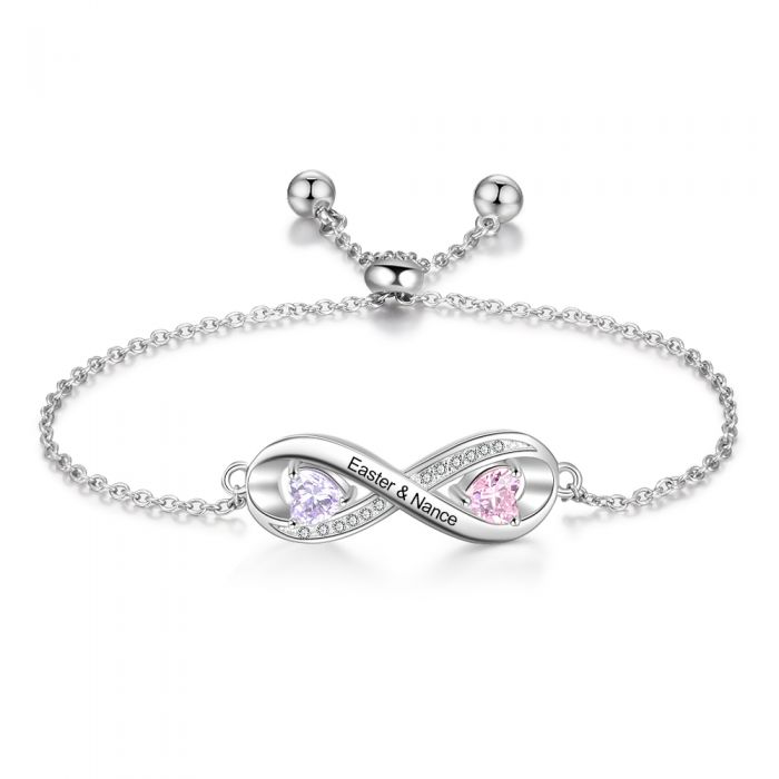 Personalized Infinity Birthstone Bracelet For Women-Birthstone & Engraved Rhodium Plated Bracelet