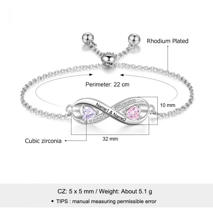 Personalized Infinity Birthstone Bracelet For Women-Birthstone & Engraved Rhodium Plated Bracelet