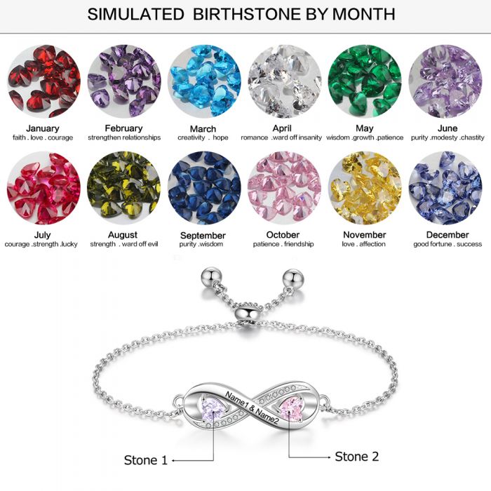 Personalized Infinity Birthstone Bracelet For Women-Birthstone & Engraved Rhodium Plated Bracelet