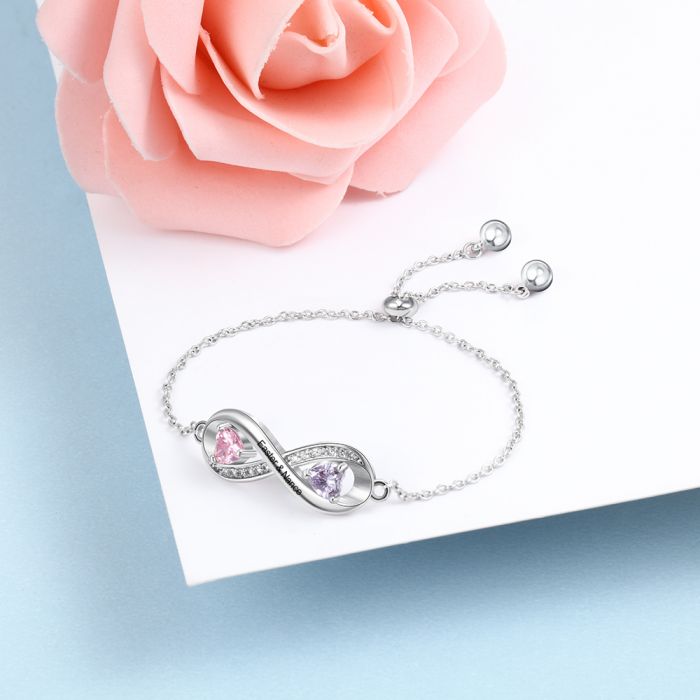 Personalized Infinity Birthstone Bracelet For Women-Birthstone & Engraved Rhodium Plated Bracelet