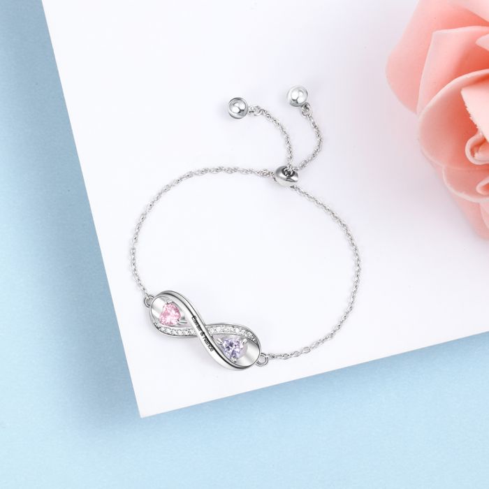 Personalized Infinity Birthstone Bracelet For Women-Birthstone & Engraved Rhodium Plated Bracelet