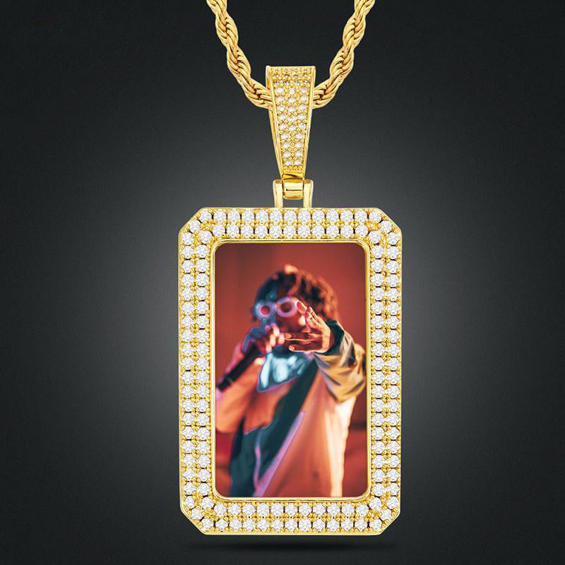 Double Row Crystal Square 18K Plating Of Gold Medallion Necklace Mens